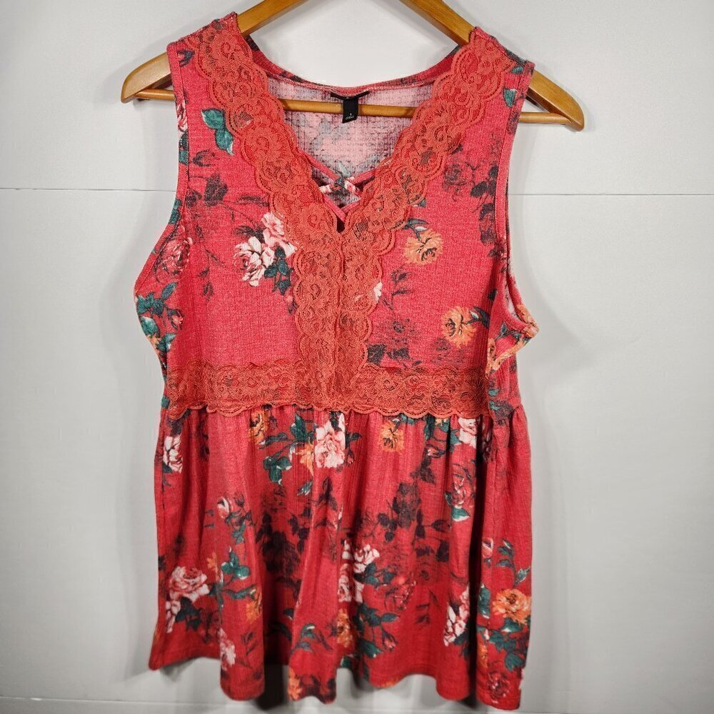 Torrid Red Floral Sleeveless Babydoll Tank Lace Trim Knit, Size 1/1X 14/16
